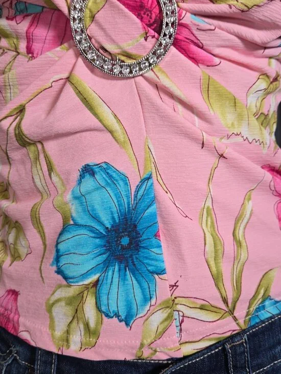 Y2K V Neck Top Pink Floral Round Rhinestone Buckle Size M Sleeveless Fitted - Picture 4 of 7